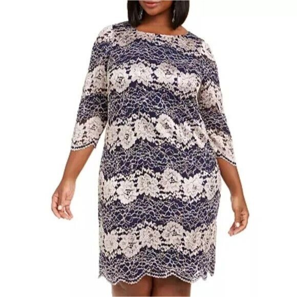 Jessica Howard Shift Dress Plus Size 16W Blue Gold Sequin Lace Holiday Cocktails - Picture 1 of 12